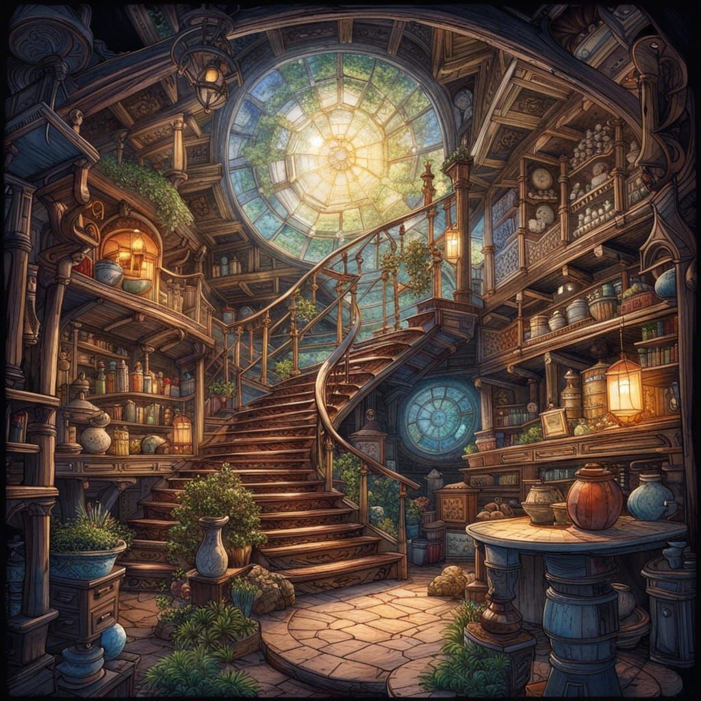 Wizard's Workshop, spiral staircase, bookshelves, potions, crystal ball, herbs, cauldron, huge windows ...  by @Spearmint