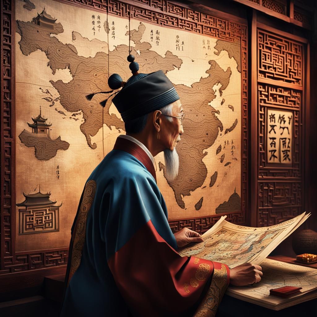 Chinese Wise Man and Ancient Map in Temple