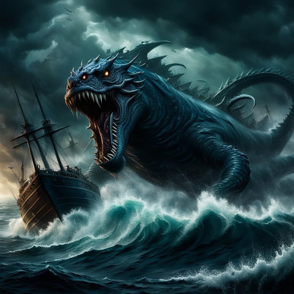 an image of a giant sea monster attacking a ship. Use a dark color ...