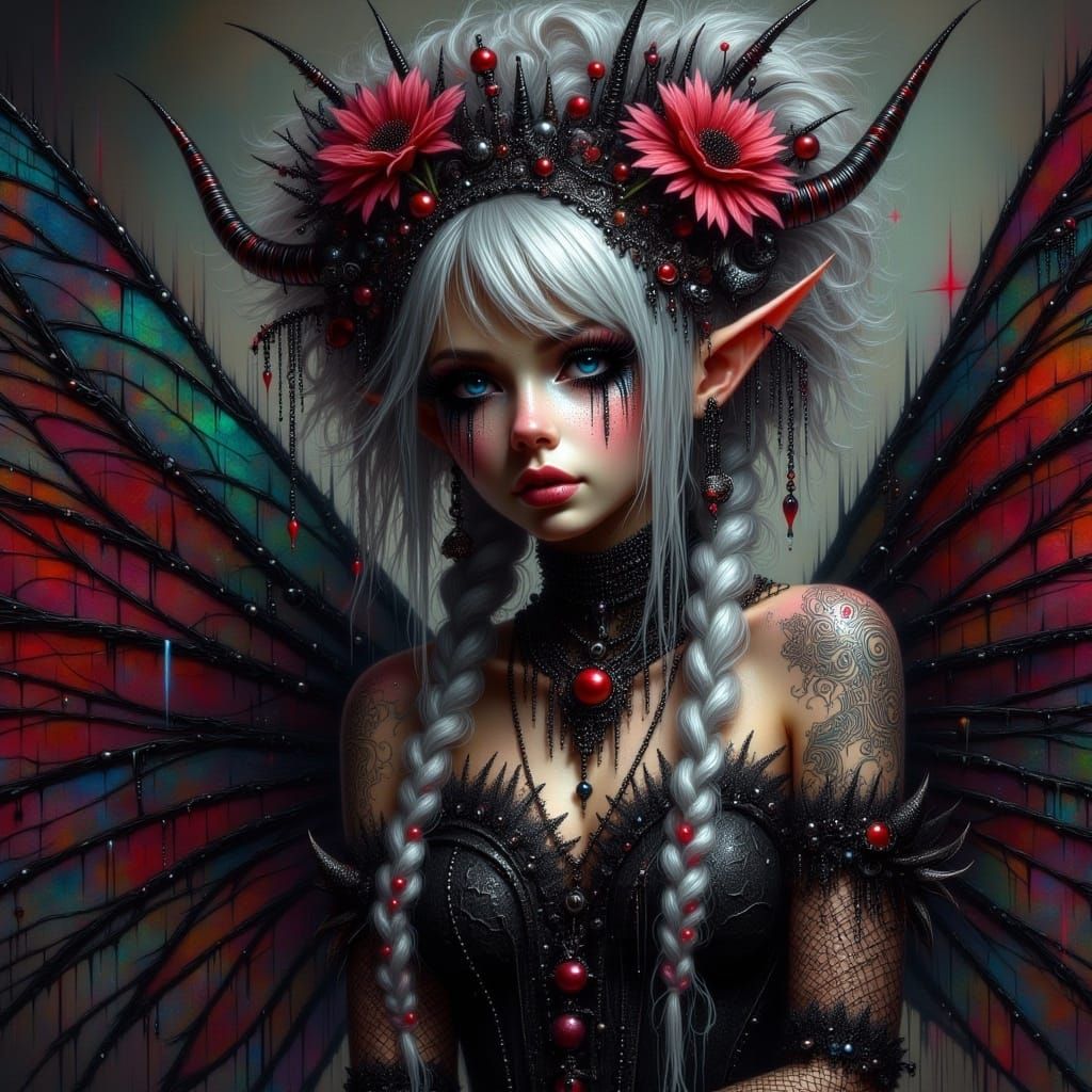 <lora:Fairy Punk:1.0> high goth fairy with long silver braids red and black lace dark dungeon 