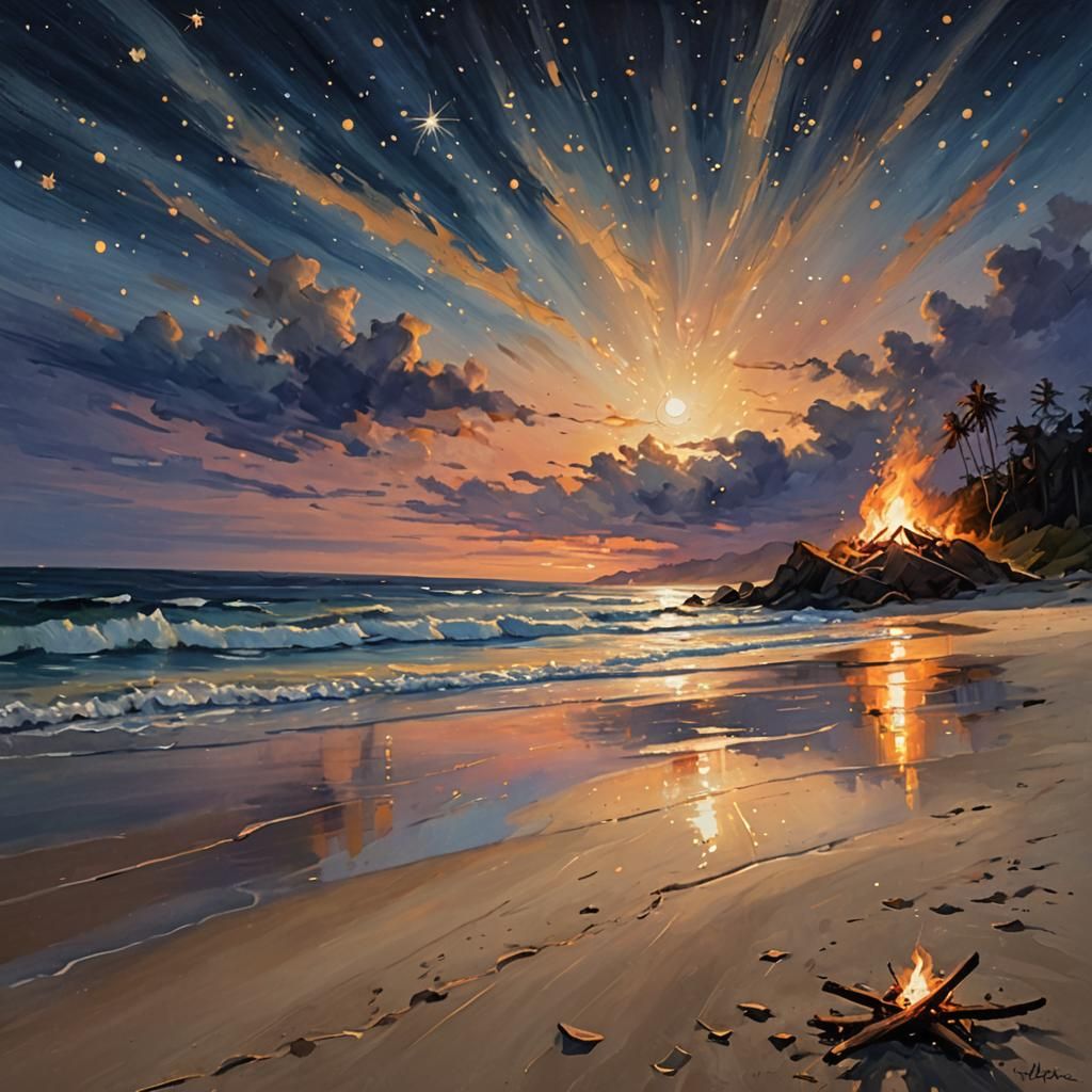 A warm bonfire on a quiet, empty beach. Soft waves roll onto...