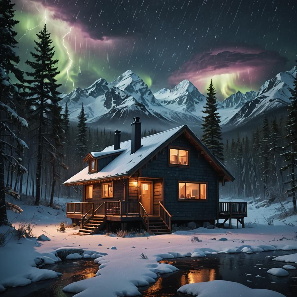 Cool clean corporate minimalist cabin in Alaska during a thu...