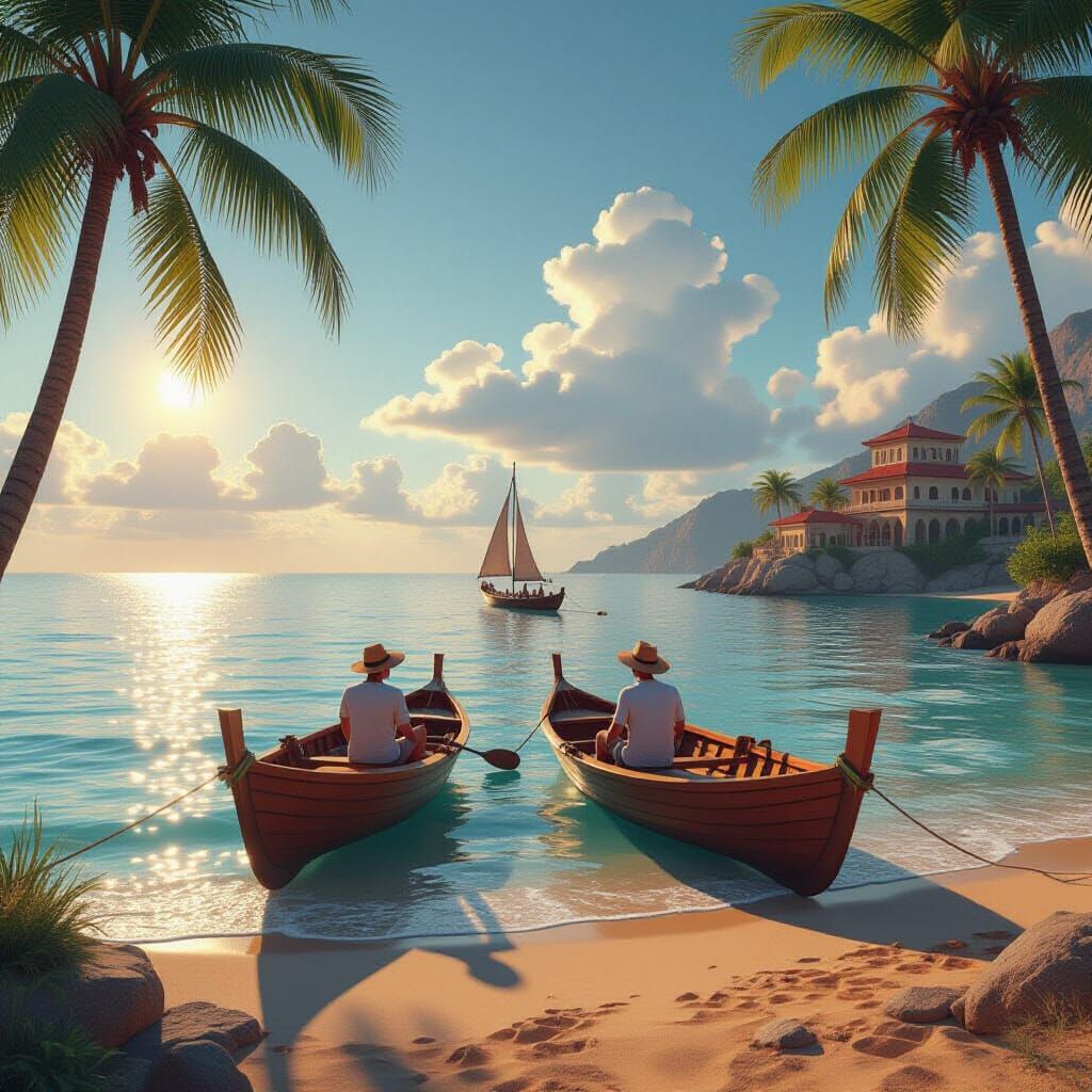 Swans Enjoying the Sea in Gouache Colors