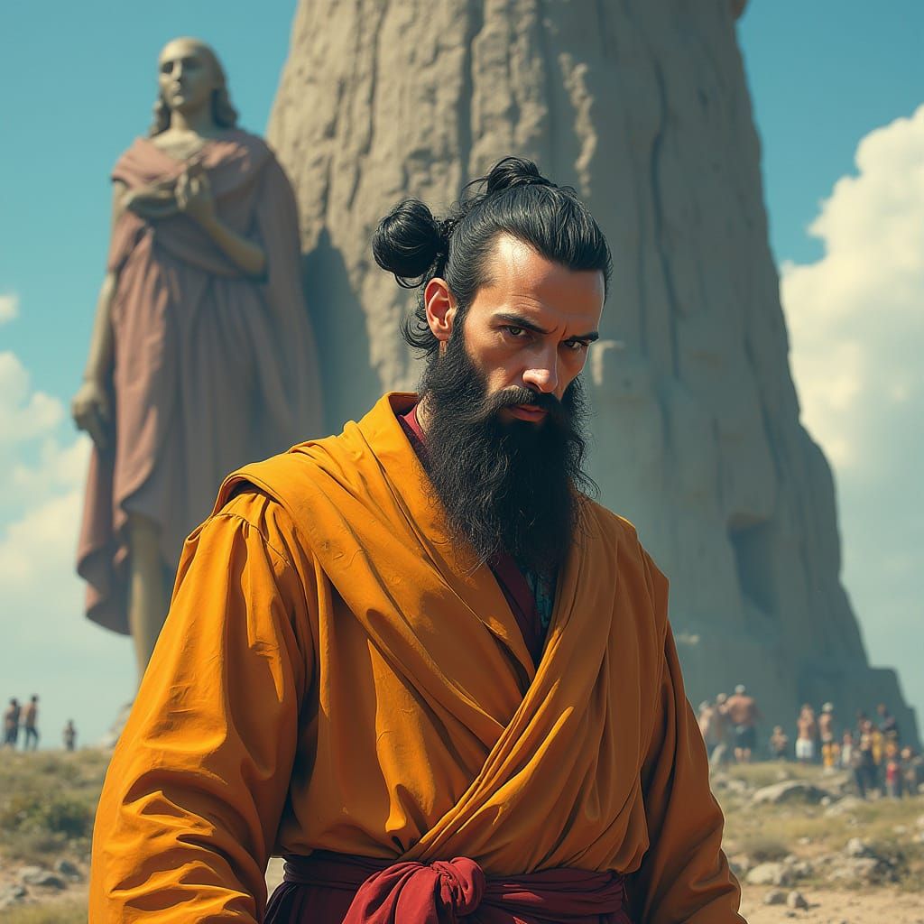 Christian Man Shaves Head near Goofy Statue