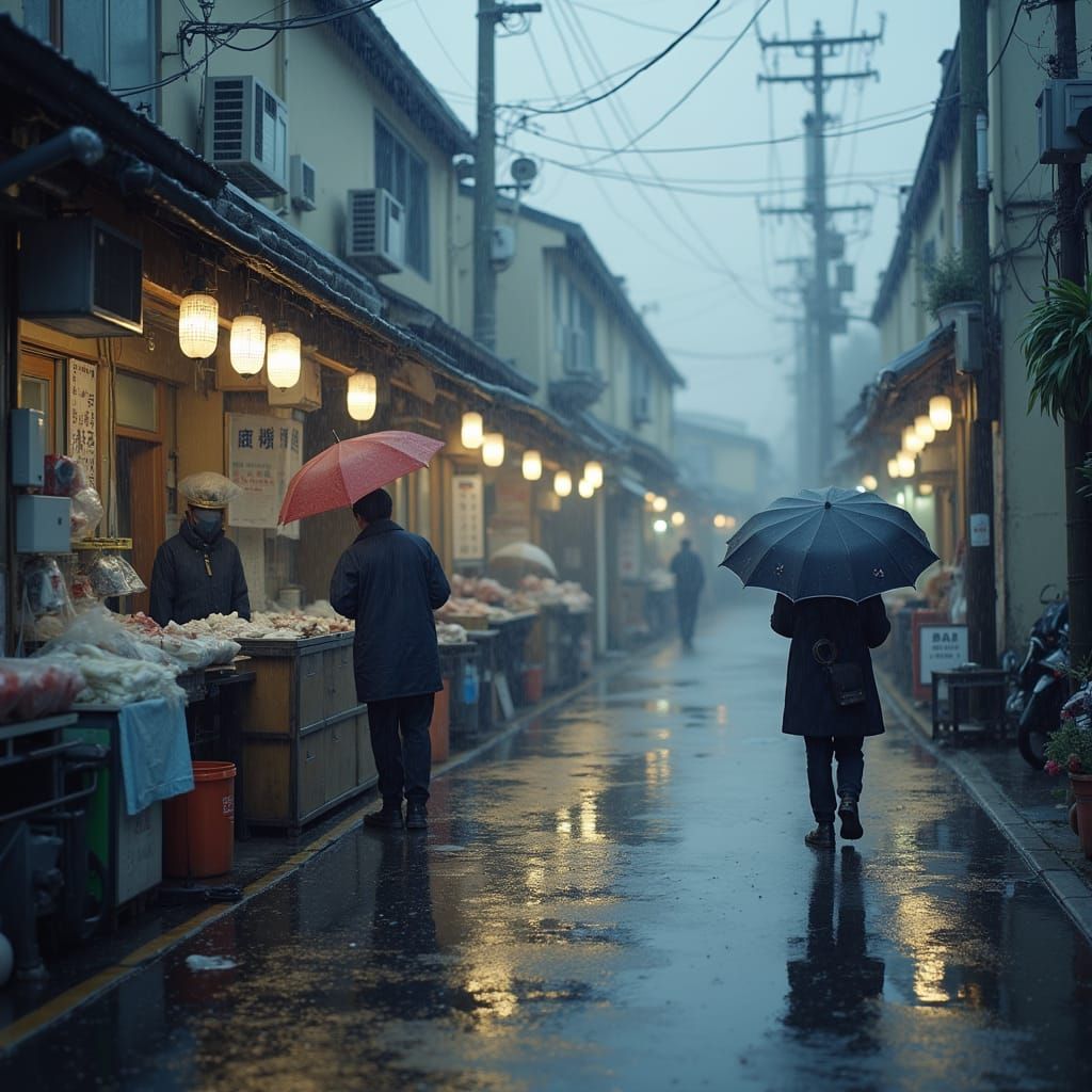 Rainy Fish Market Scene in Japanese Style
