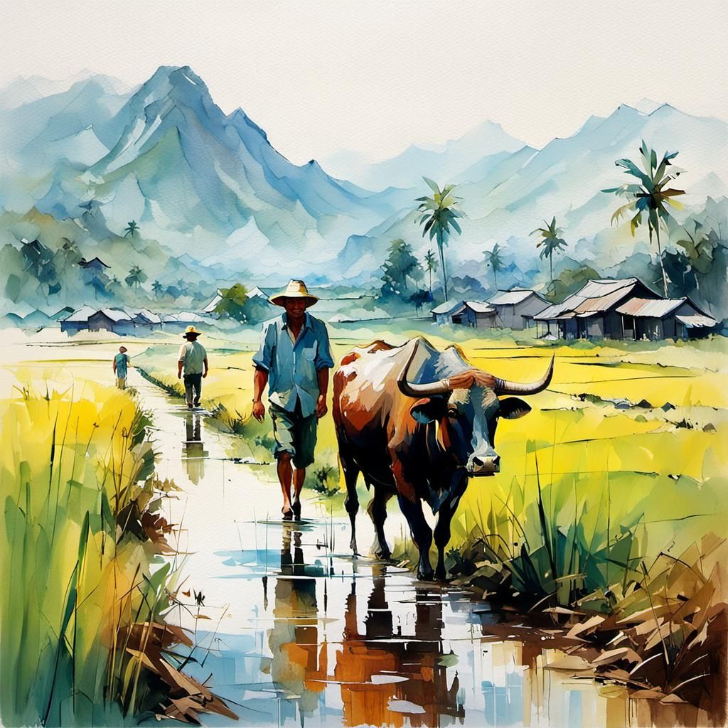 Painting of a farmer walking beside a carabao, in the middle of a rice ...