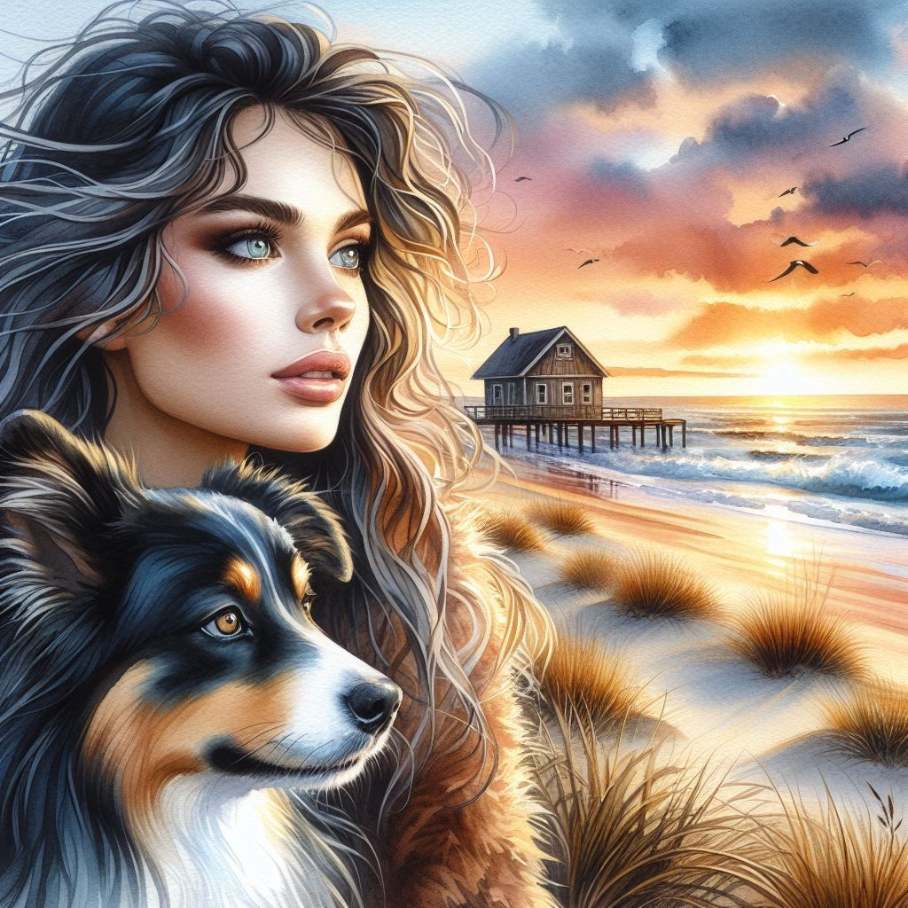 Stunning watercolor painting, Young woman by the sea