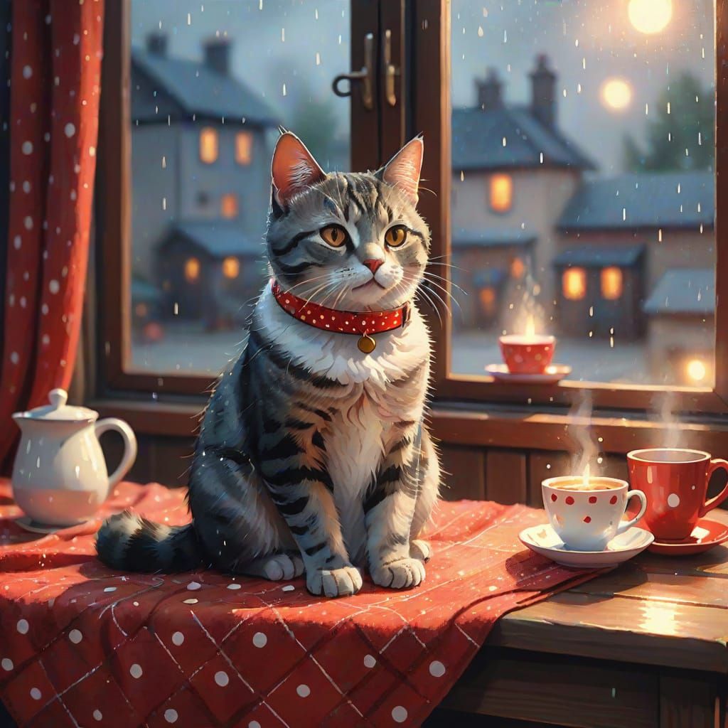 Cozy Cat Watercolor Illustration on Rainy Evening