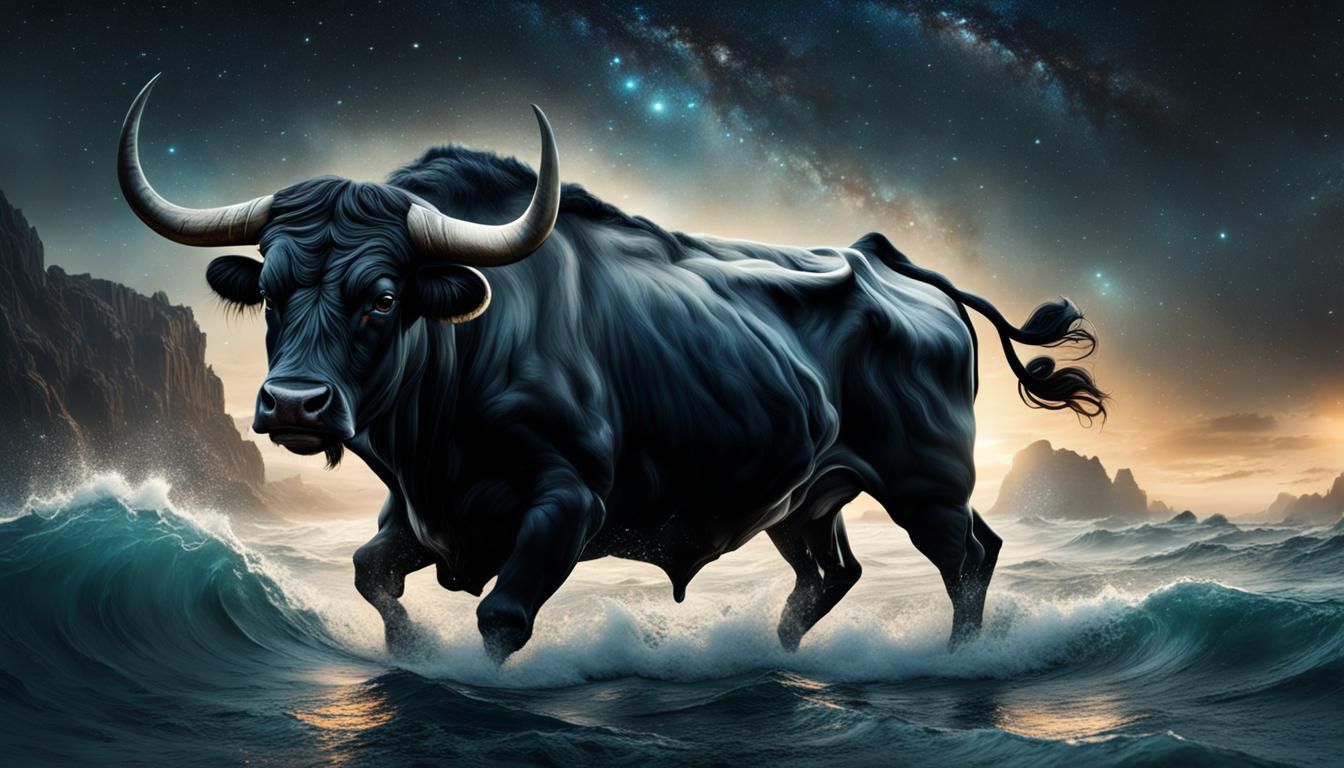 angry black bull stands in a turbulent ocean under a starry sky, the zodiac  sign Taurus on the firmament Epic cinematic brilliant stunning i... - AI  Generated Artwork - NightCafe Creator