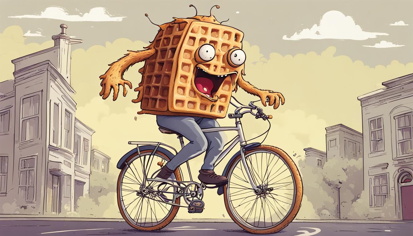 Waffle monster riding a bicycle