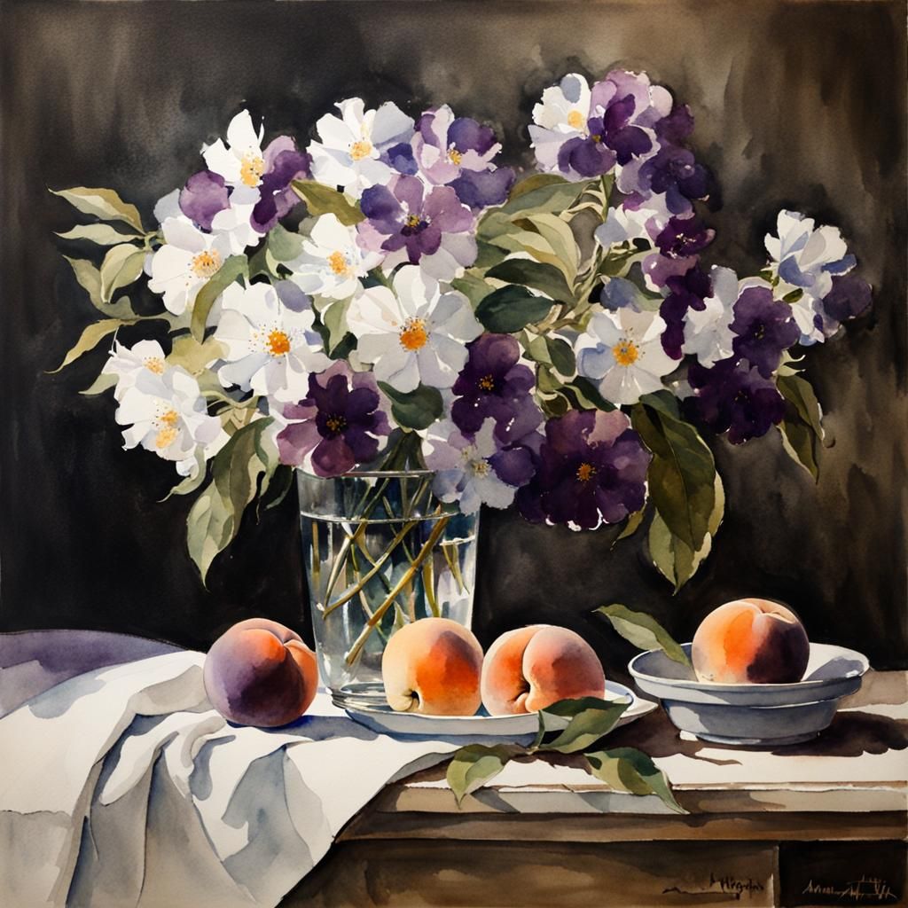watercolor still life with purple and white flowers with pea...