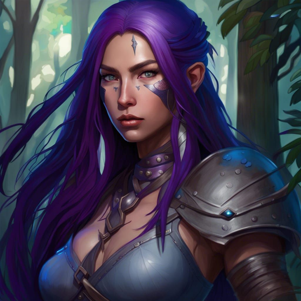 Fantasy art, woman amazon warrior, full body, long purple hair, blue eyes,  forest background, draw image, asian skin - AI Generated Artwork -  NightCafe Creator