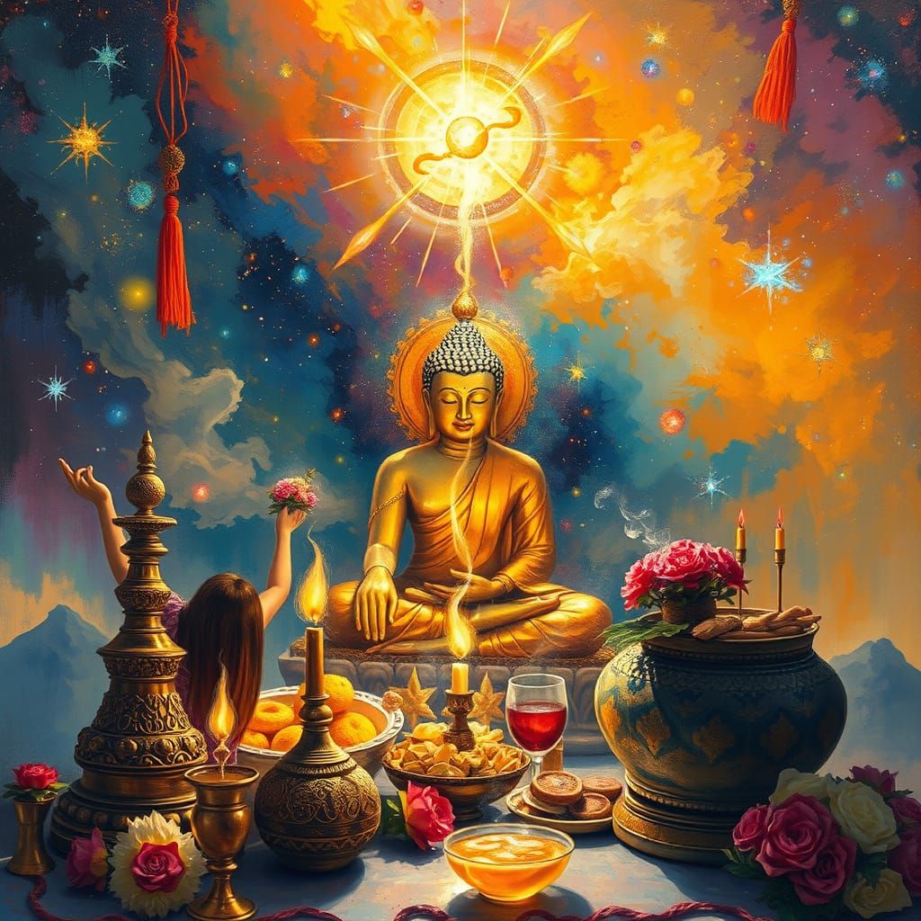 Cosmic Homage to Buddha in Post-Impressionist Style