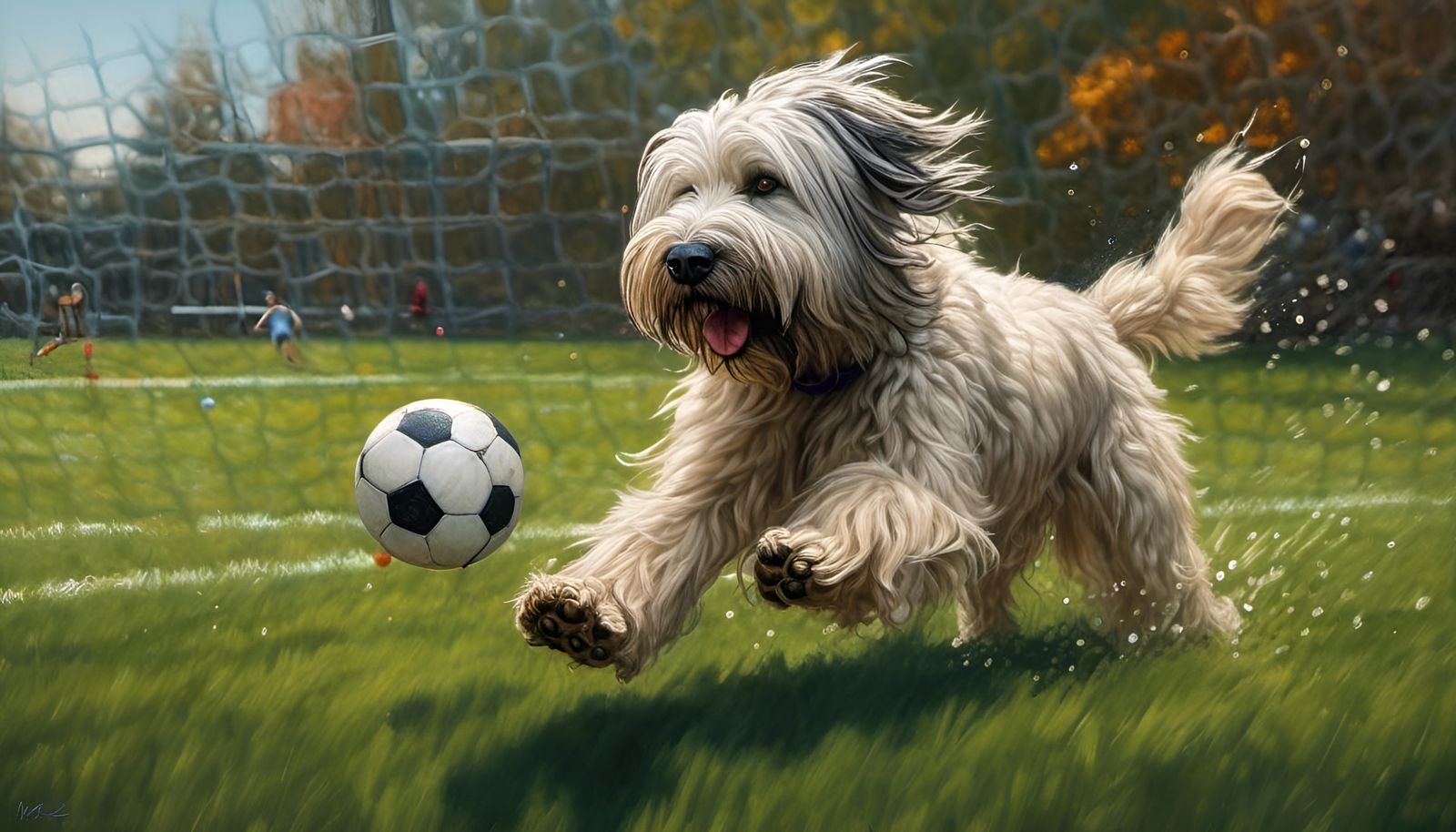 Hyperrealistic, splash art, concept art of <lora:Bommel:0.7> playing soccer, wide shot, intricately detailed, color dept...