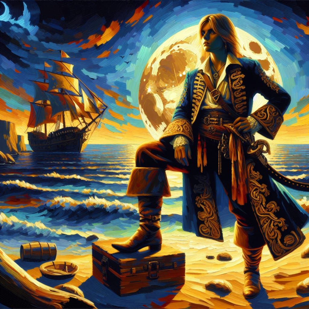 Creating a concept art of Pirate Polly the Privateer standing on a moonlit, rocky coastline, holding a sword and looking...