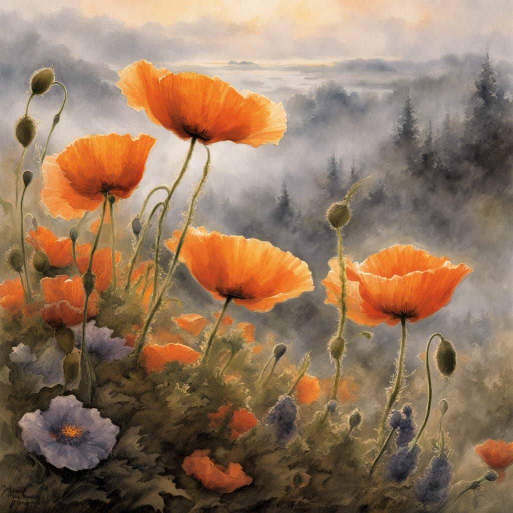 Poppies in Morning Mist  by @Shywolf