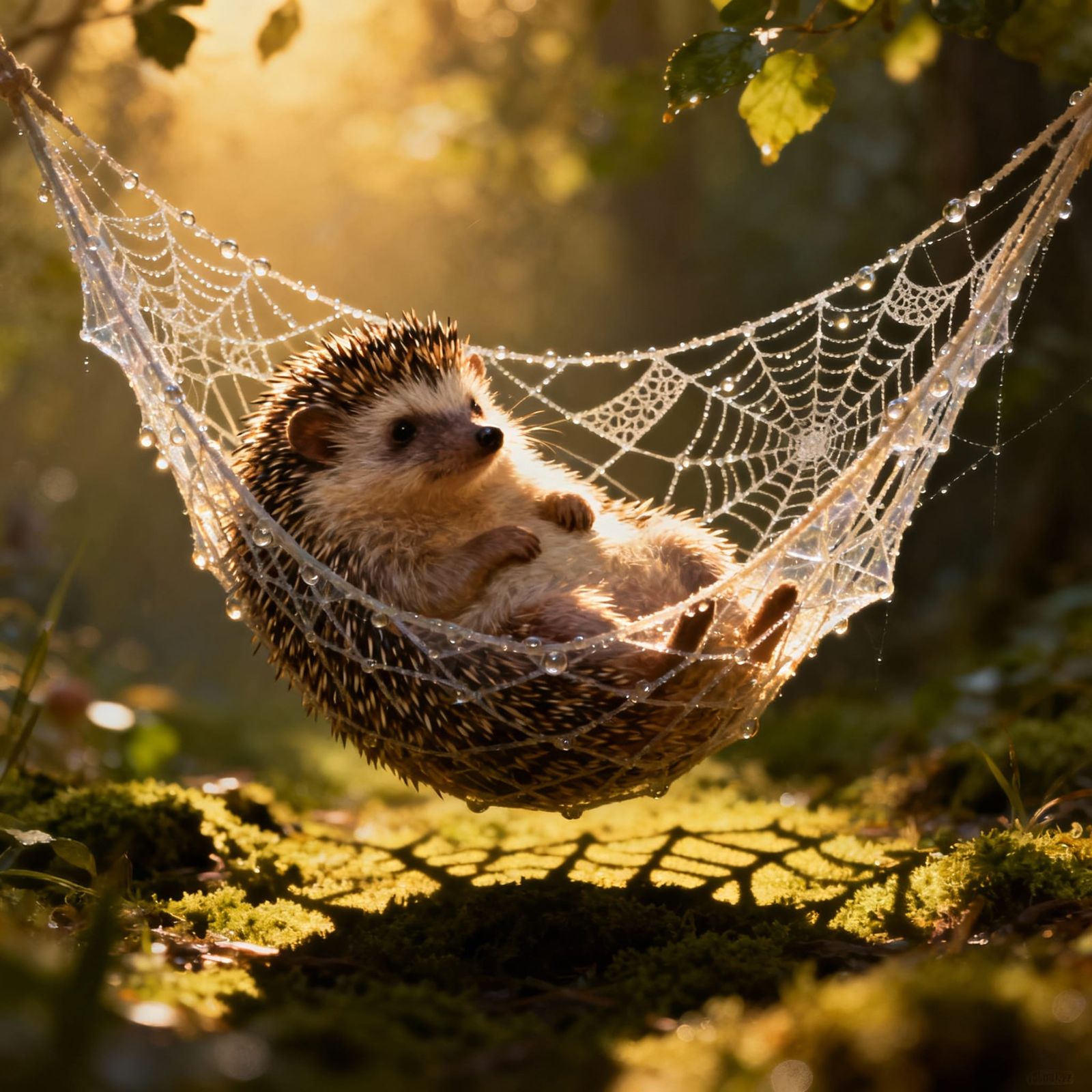 A photo of an hedgehog  in a hamaca de telaraña cinematic lighting rembrandt 🎲  by @undefined