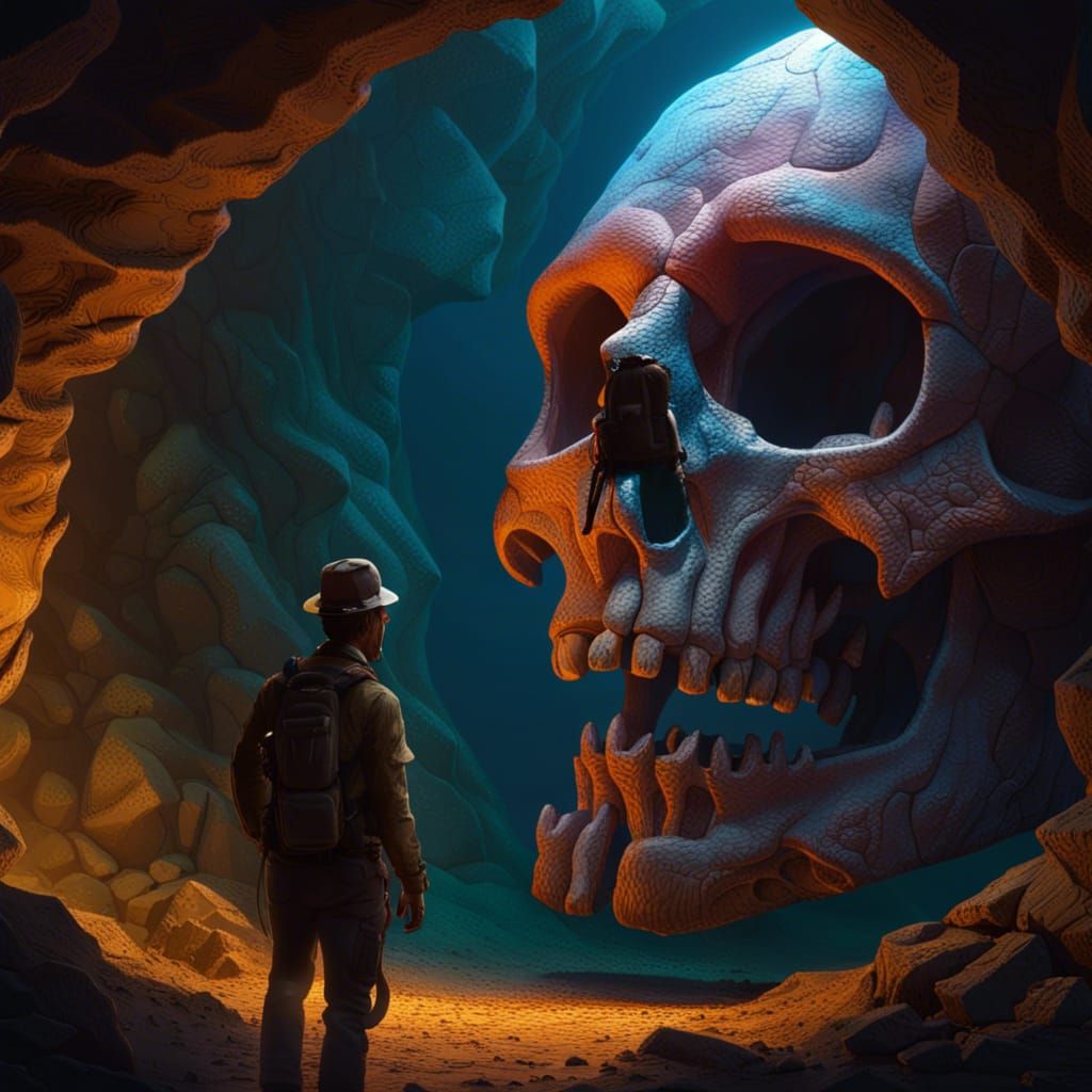 Archaeologist looking at a massive floating skull