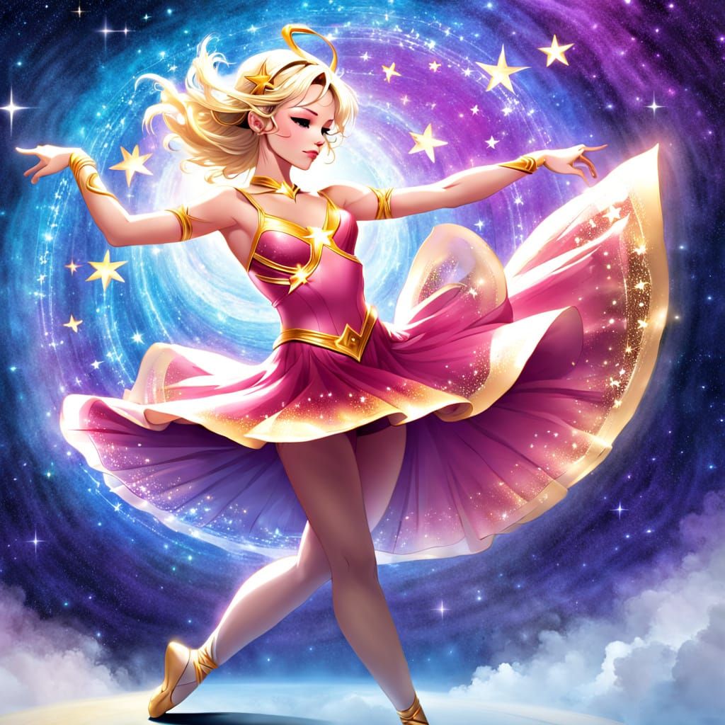 A graceful dancer, her body composed of interconnected geometric shapes and vibrant liquid Gouache swirls, performing with luminous, iridesc...