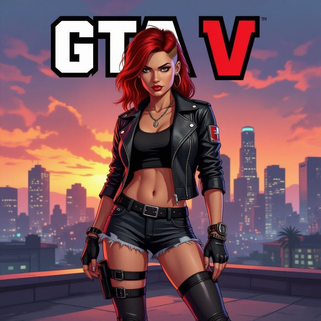 GTA V cover art style, a red-haired girl in a punk outfit standing on a rooftop with a city skyline behind ...  by @JAYDE7