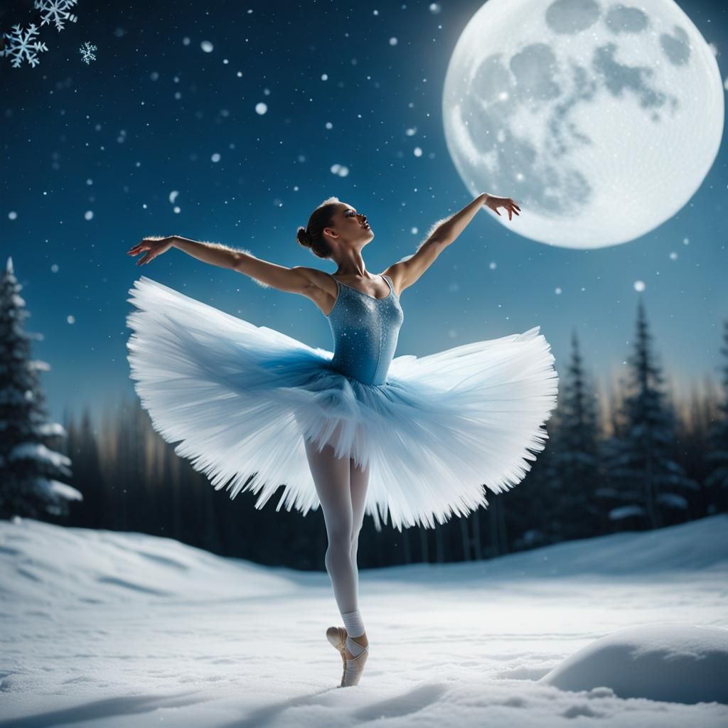 Ballerina Dancing on the Moon in Snow