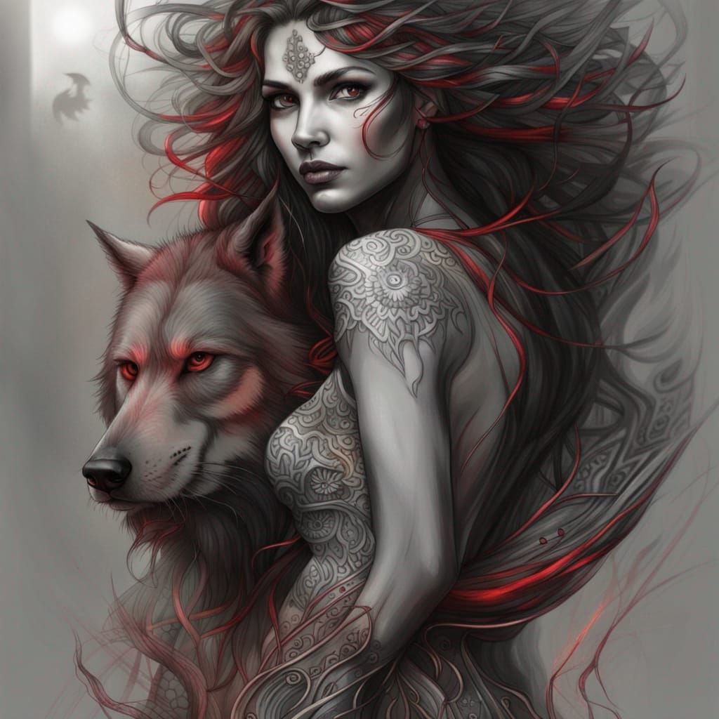 Regal Werewolf Woman: Detailed Pencil Sketch