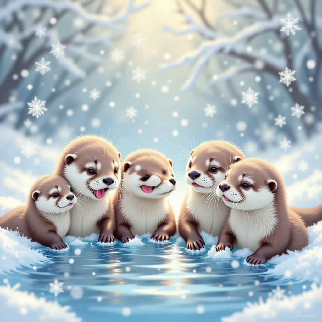 Cute Baby Otters having fun in the snowy lake <lora:Cute Baby Otters:1.0>