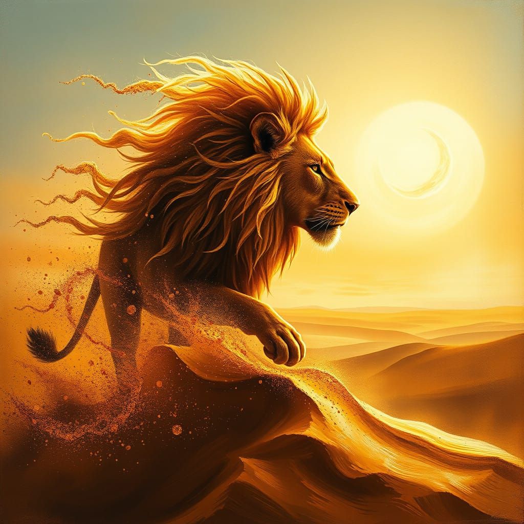 close-up of a lion silhouette created from sand grains raised by a strong wind  by @Barabashka