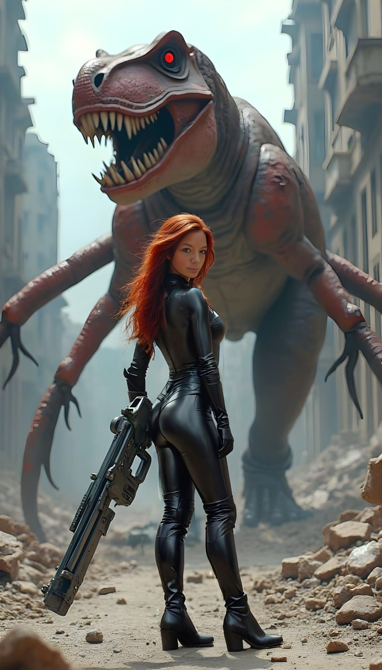 A friend fighting monsters in a ruined city