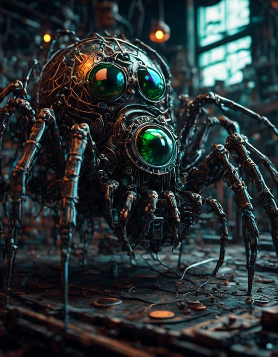 Spider anime 3d render, close portrait , Mechanical  evil tarantula spider animatronic  , giant eye sphere, broken porcelain skin, in a comp...