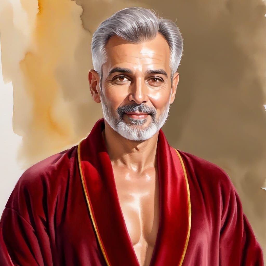 A handsome daddy · a silver-bearded man wearing a red bathro...