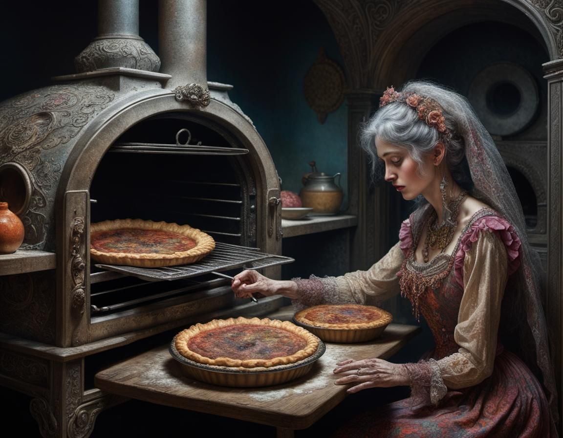 A woman in an old dress bakes delicious pies in an old oven ...