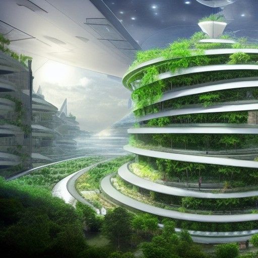 Dense techno civilization with green spaces built within a giant ...