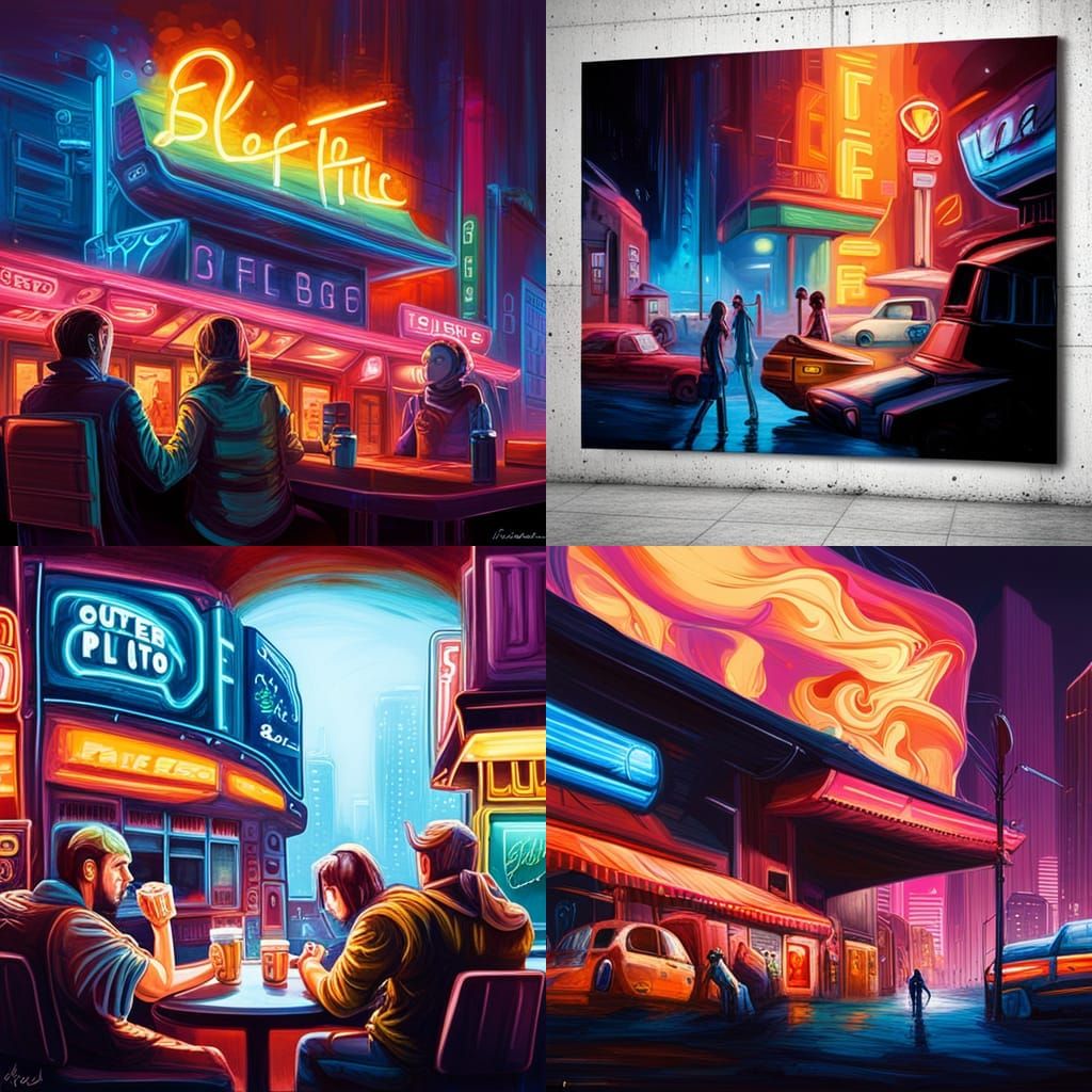 Friends at a coffee shop ; neon Pluto billboard ; in blade r...