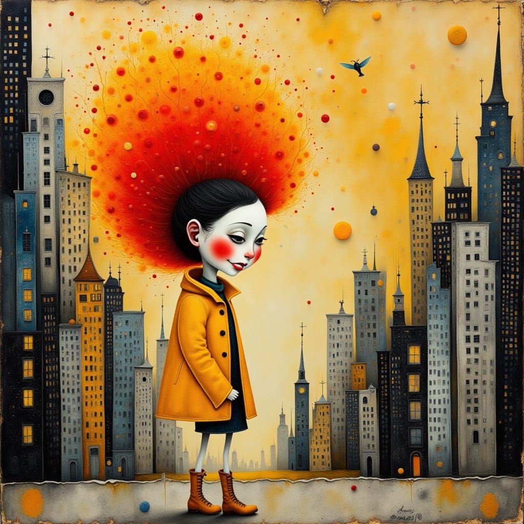 "A portrait of a smiling girl toddler with curly red hair in art brut style by Bill Carman, Bill Jacklin and Bojan Jevtic, Urban dreamscape ...