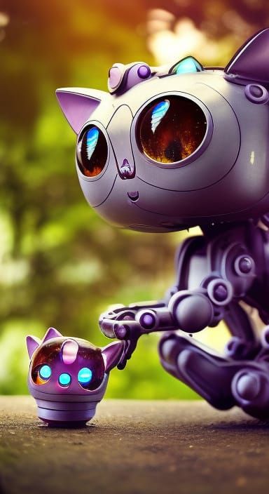 cute cat-robot-pet on stargazing platform with rotating sphe...