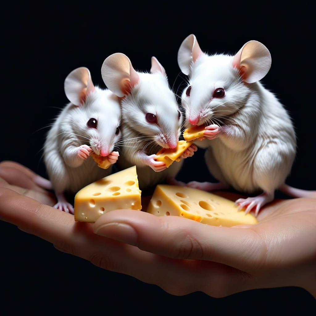 Little white Mice in the palm of a hand eating cheese