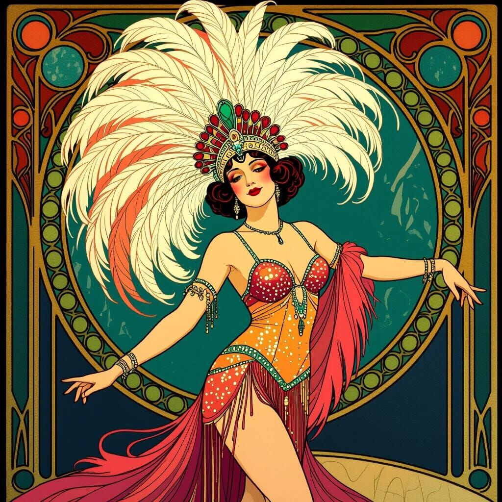 A cabaret dancer in a feathered headdress  by @Kody
