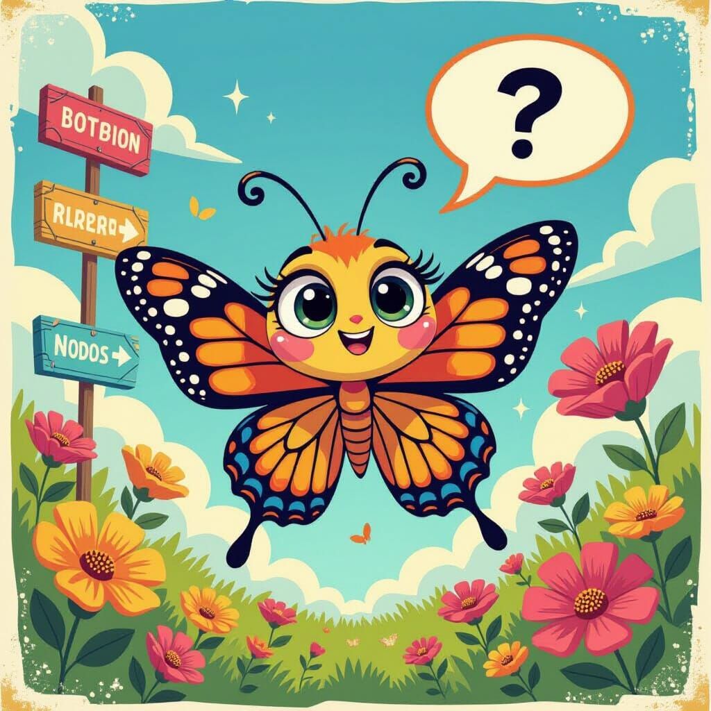 Cartoon Butterfly Asks Directions in Graphic Novel Style