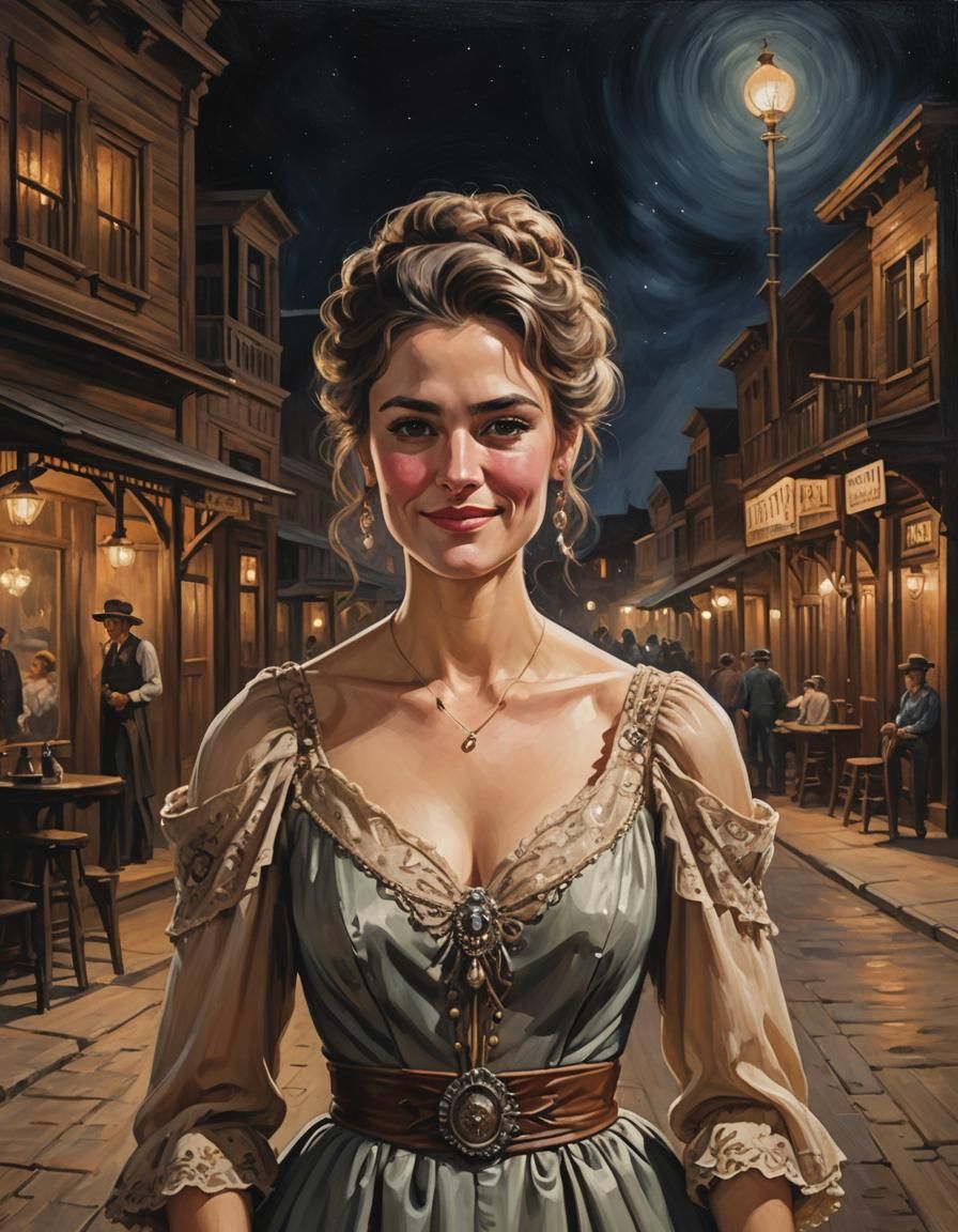 A Young old west saloon lady In her 20s In a gown In an old ...