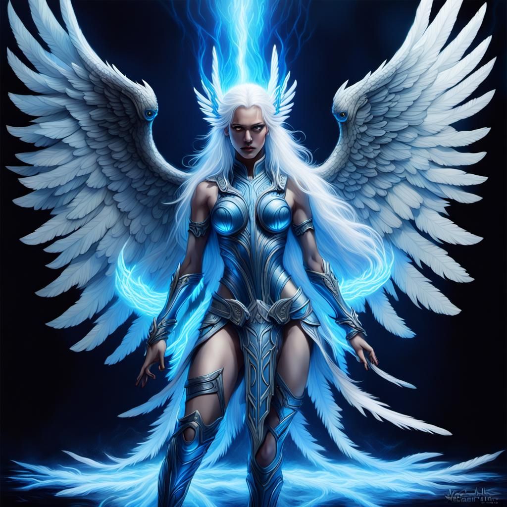 Create an image of black silhouette winged valkyre in a dyna...