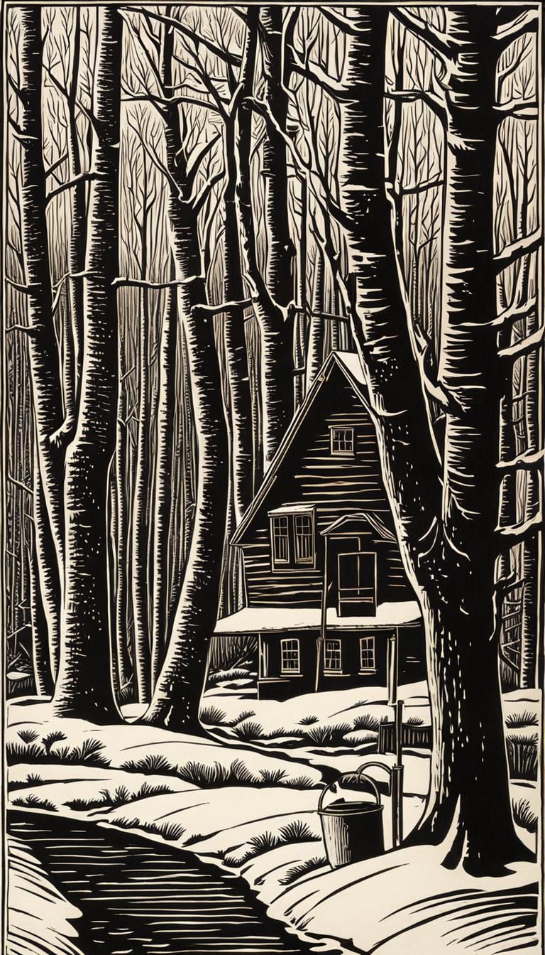 (((woodcut))). each maple tree has a maple sugaring buckets ...