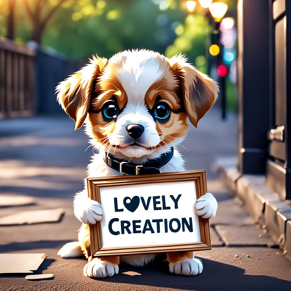 A cute puppy holding a sign that reads "Lovely creation"