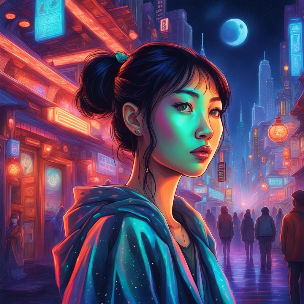 Very pretty asian girl in a neon lit night city - AI Generated Artwork ...