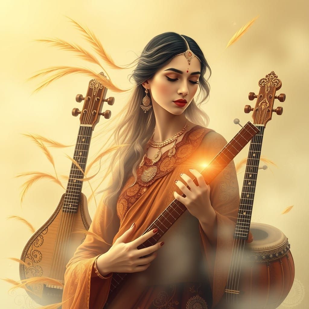 Ethereal Indian Goddess in Whimsical Musical Landscape