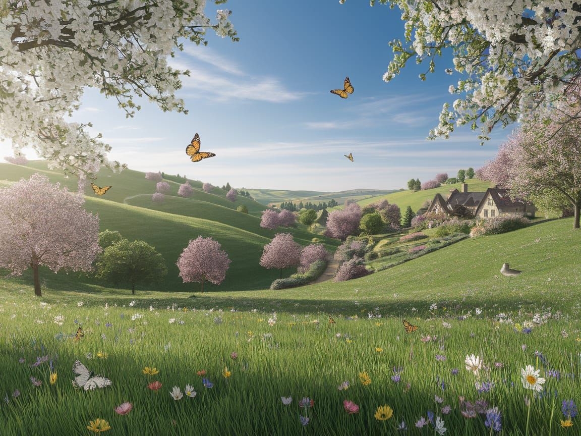 "A serene spring rolling hills  landscape featuring a meadow bursting with wildflowers and fluttering ...  by @Vey Telmo