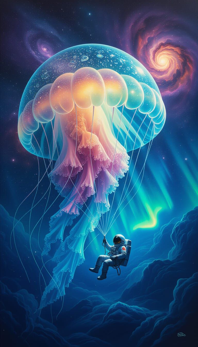 An astronaut adrift in a vibrant, swirling cosmic ocean, tethered to a colossal, crystalline jellyfish. ...  by @Cake
