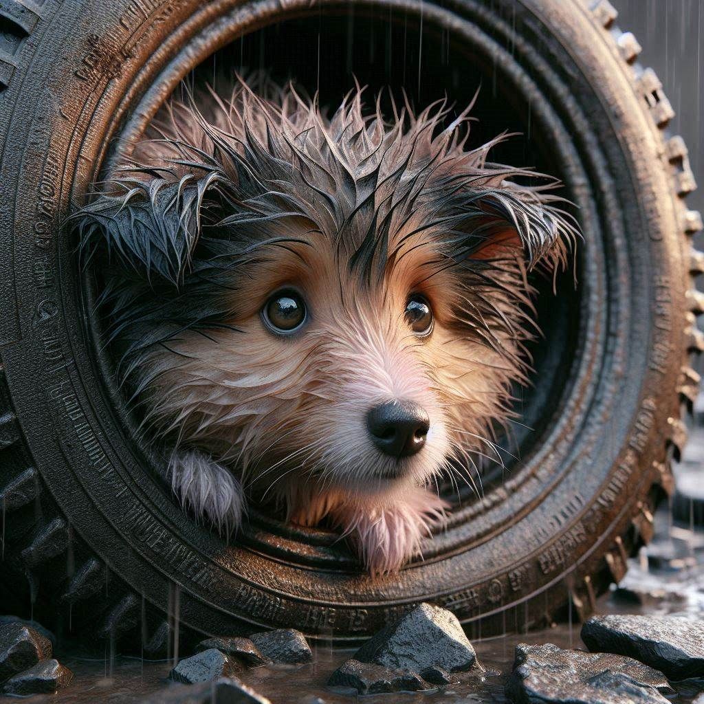 wet Sheltie seeking refuge in a Tyre