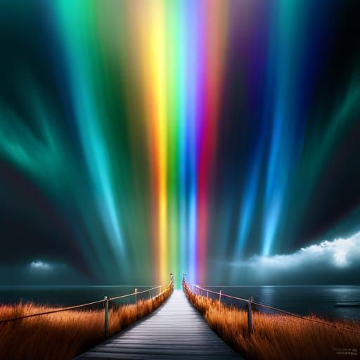 a rainbow as a bridge from Midgard to Valhalla in a fantasti...