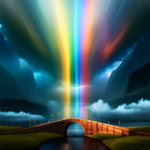 a rainbow as a bridge from Midgard to Valhalla in a fantasti...